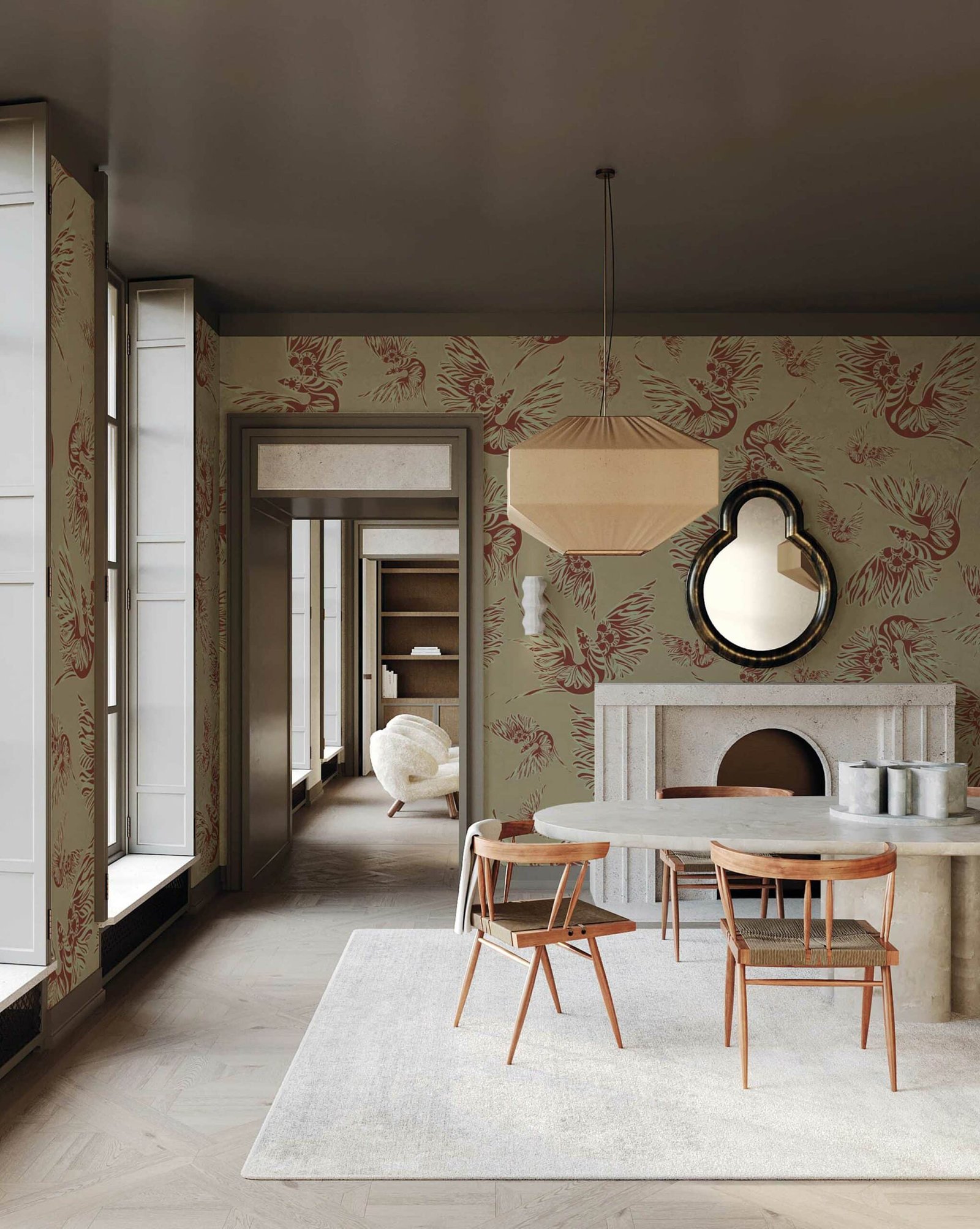 Misteriosa-Beige-Terra-di-Siena-Wallpaper-Leonardo-Dini-x-MaVoix-Collezione-Essenziali-Cool-Dining-Room-scaled