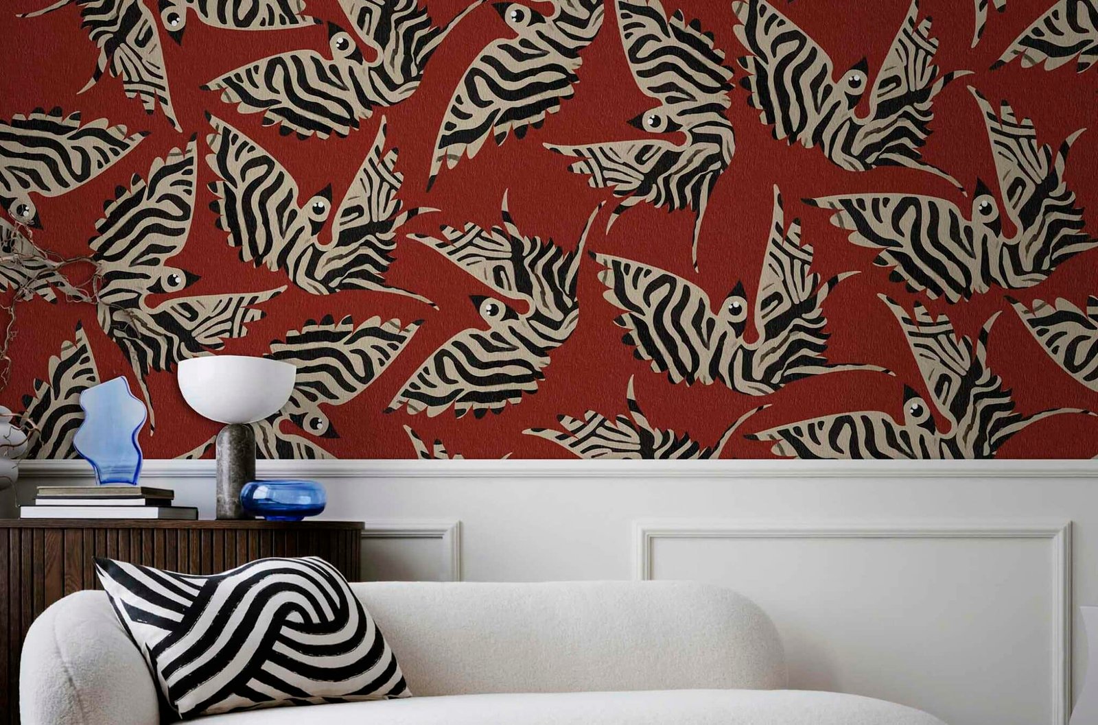 Creative composition of living room interior with mock up poster frame, stylish sofa, glass coffee table, slippers, beige lamp, wooden sideboard and personal accessories. Home decor. Template.