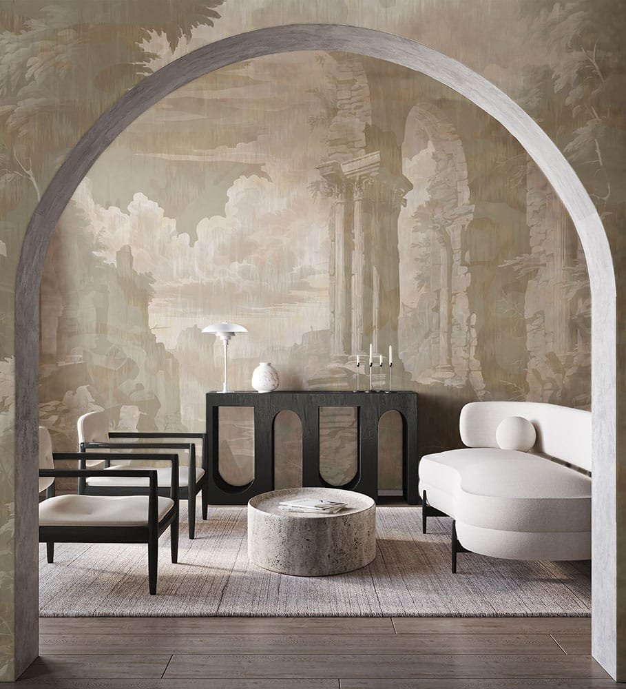 Interior of modern living room with wooden dresser, white sofa and coffee table. Gray mockup wall with arch. 3d rendering. High quality 3d illustration.