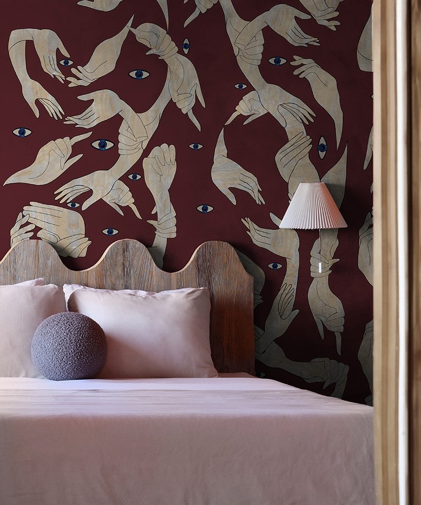 Uno-Nessuno-Red-Classic-Burgandy-by-Marika-Tardio-bedroom-interior-MaVoix-Exclusive-Wallpaper-1