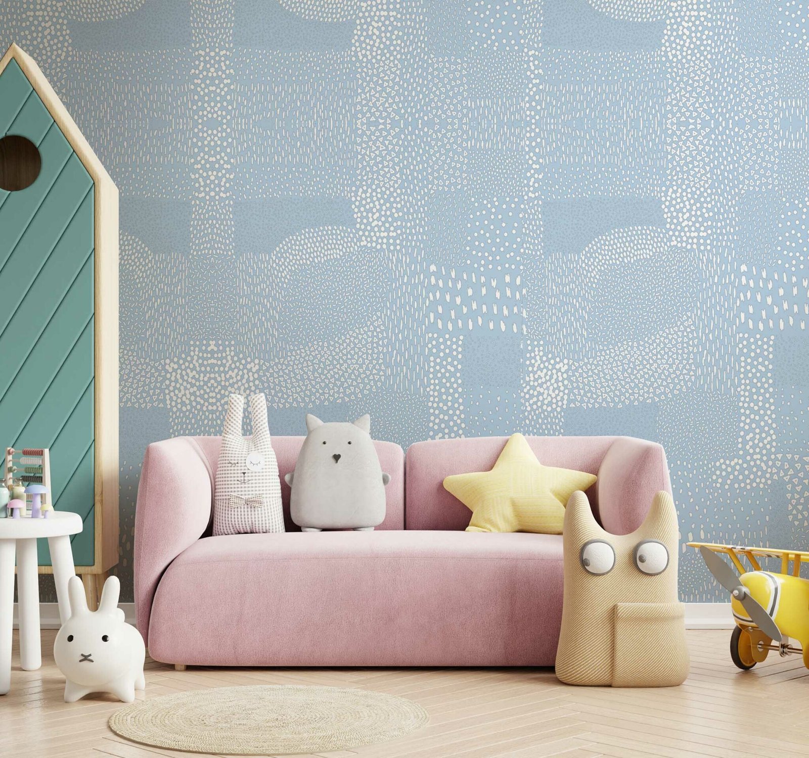 Mock up wall in the children's room in white wall background .3d rendering