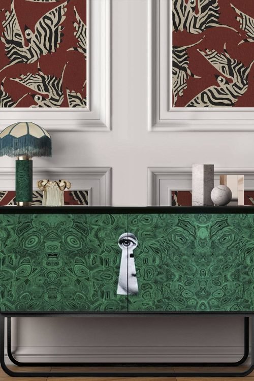 Creative composition of living room interior with mock up poster frame, stylish sofa, glass coffee table, slippers, beige lamp, wooden sideboard and personal accessories. Home decor. Template.