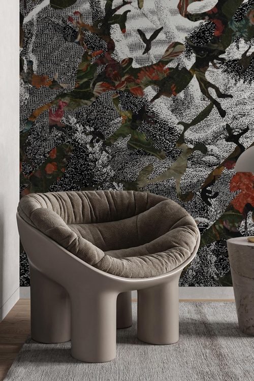 Modern gray livingroom with shelves in niche and armchair background. Light modern japanese nature view. 3d rendering. High quality 3d illustration.