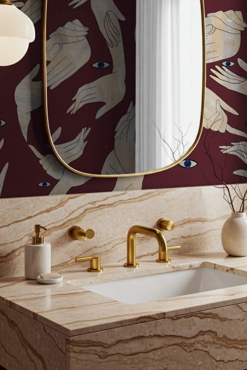 Uno, Nessuno Red Classic Burgandy by Marika Tardio - Bathroom interior - MaVoix Exclusive Wallpaper